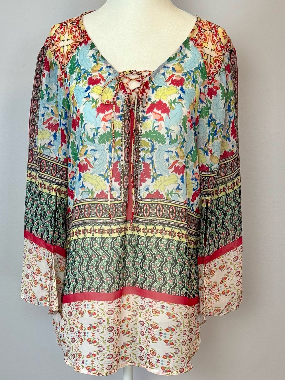 Fig and Flower Bohemian Multicolor Floral Patchwork Tie-Front Tunic
